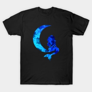 Blue Crescent Moon and Mermaid Silhouette T-Shirt